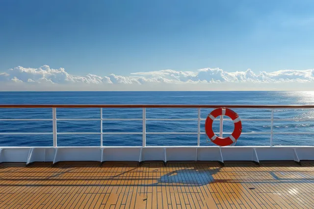 Calm ocean view from ship deck with white railings and orange lifebuoy shadow