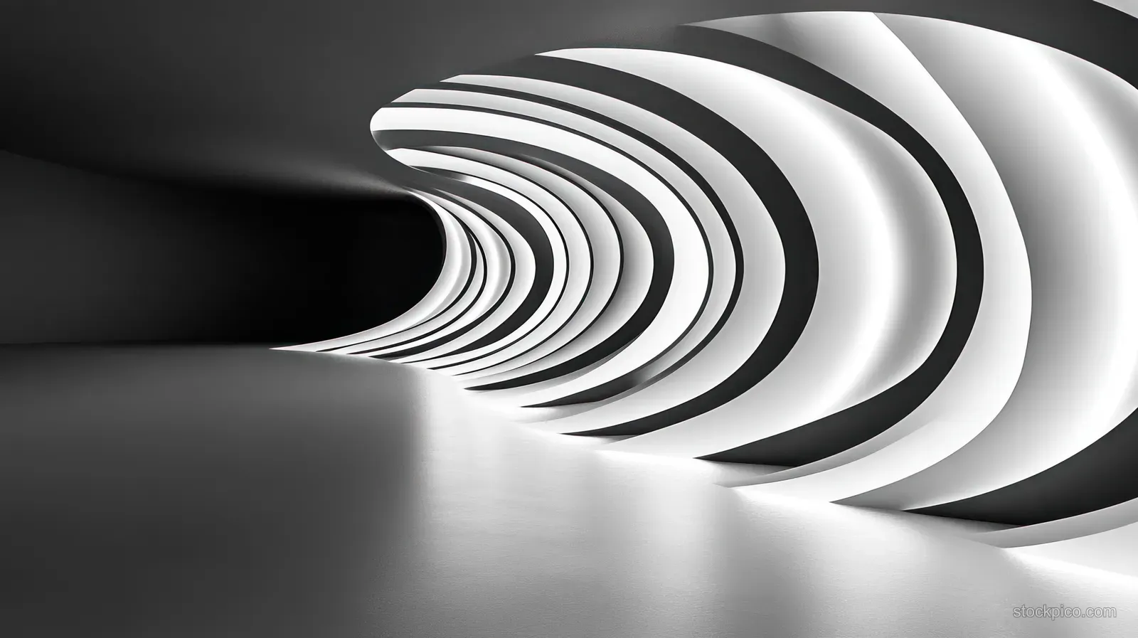 A curved black-and-white tunnel corridor with glowing ambient lighting and repeating ribbed lines.
