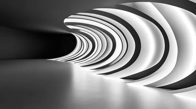 Futuristic curved tunnel architecture with ambient lighting and smooth white-black geometry