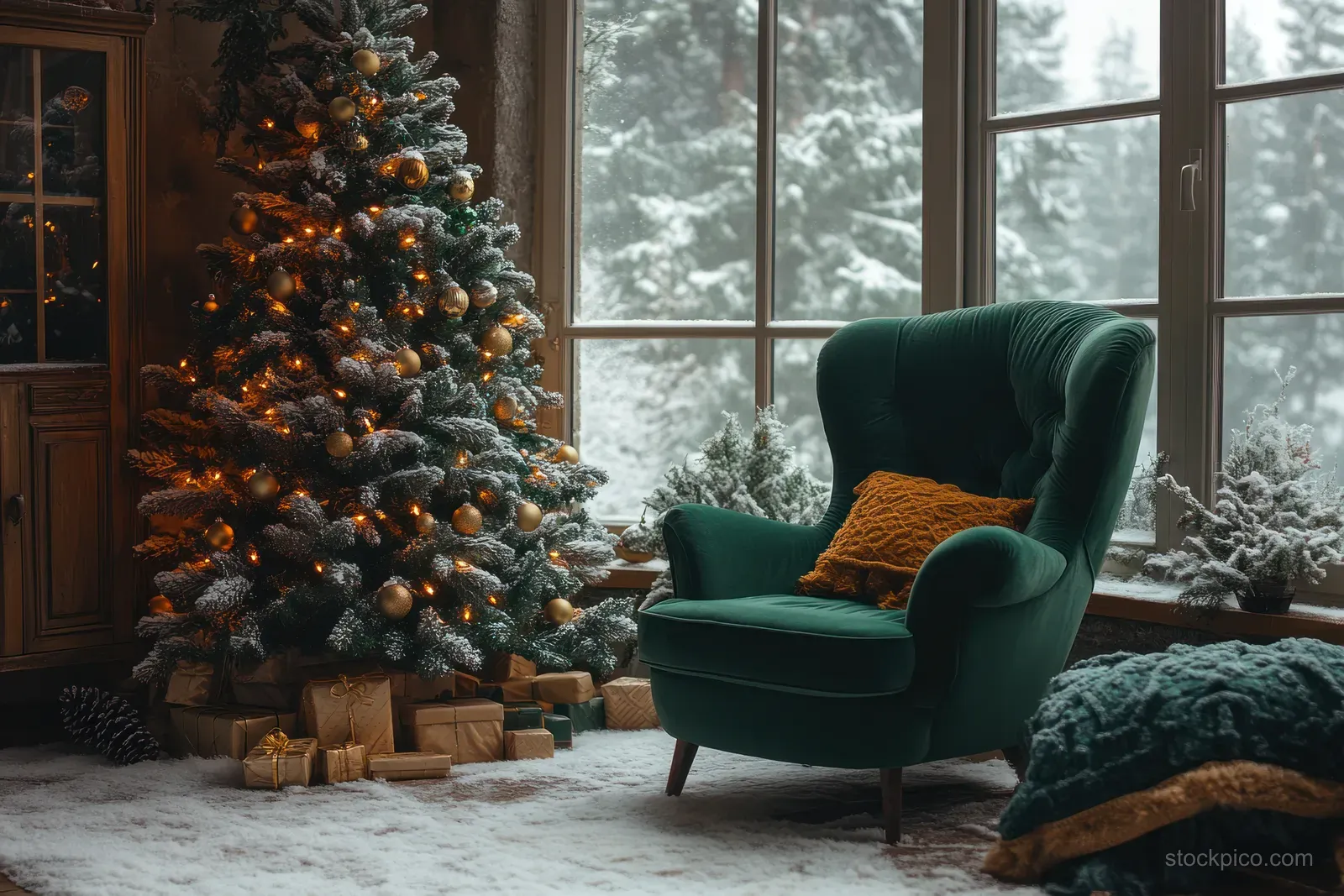 A decorated Christmas tree beside a window with snow outside and a plush green chair in a warm cozy room.