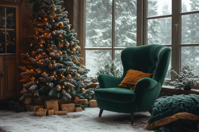 A decorated Christmas tree beside a window with snow outside and a plush green chair in a warm cozy room.