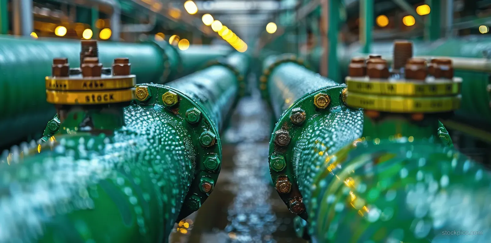 Close-up of green hydrogen pipeline valves with bolted fittings in a sunlit renewable energy plant.