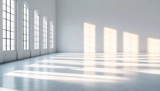 Sunlight streams through tall arched windows, casting long rectangular shadows on a smooth glossy floor in an empty room.