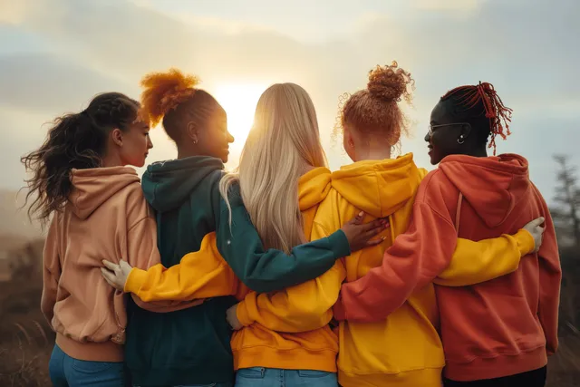 Five diverse young friends hug while wearing colorful hoodies at a golden-hour sunset outdoors.