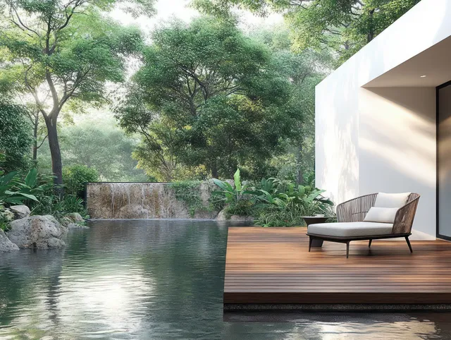 Outdoor pool terrace with a wooden deck, blank white wall, and lounge chair facing a lush green garden.