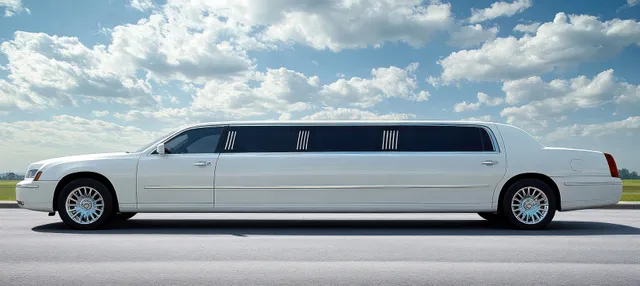 Long white stretch limousine parked on an empty roadside under a partly cloudy blue sky.