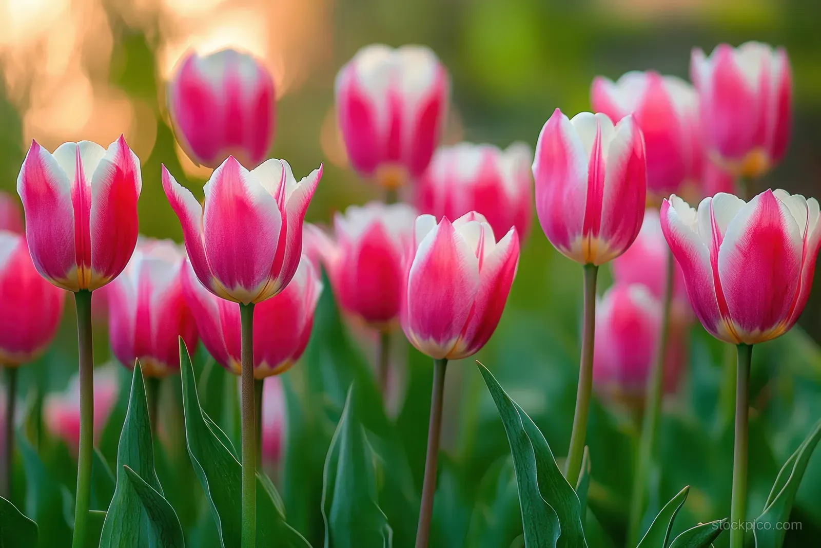 Pink and white tulips bloom in a sunlit garden bed with green stems and soft blurred background.