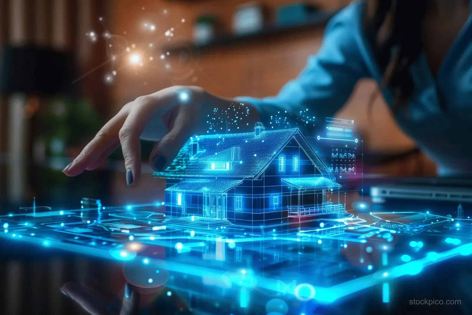 A glowing home hologram hovers over a table as a woman signs a mortgage contract in a real estate office.