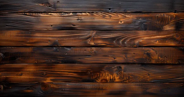 Dark brown wooden plank texture with pronounced grain and weathered knots in a top view background.