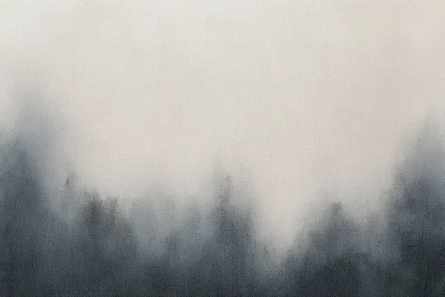Hazy dark tree silhouettes fade into a light textured background with soft shadow gradients.