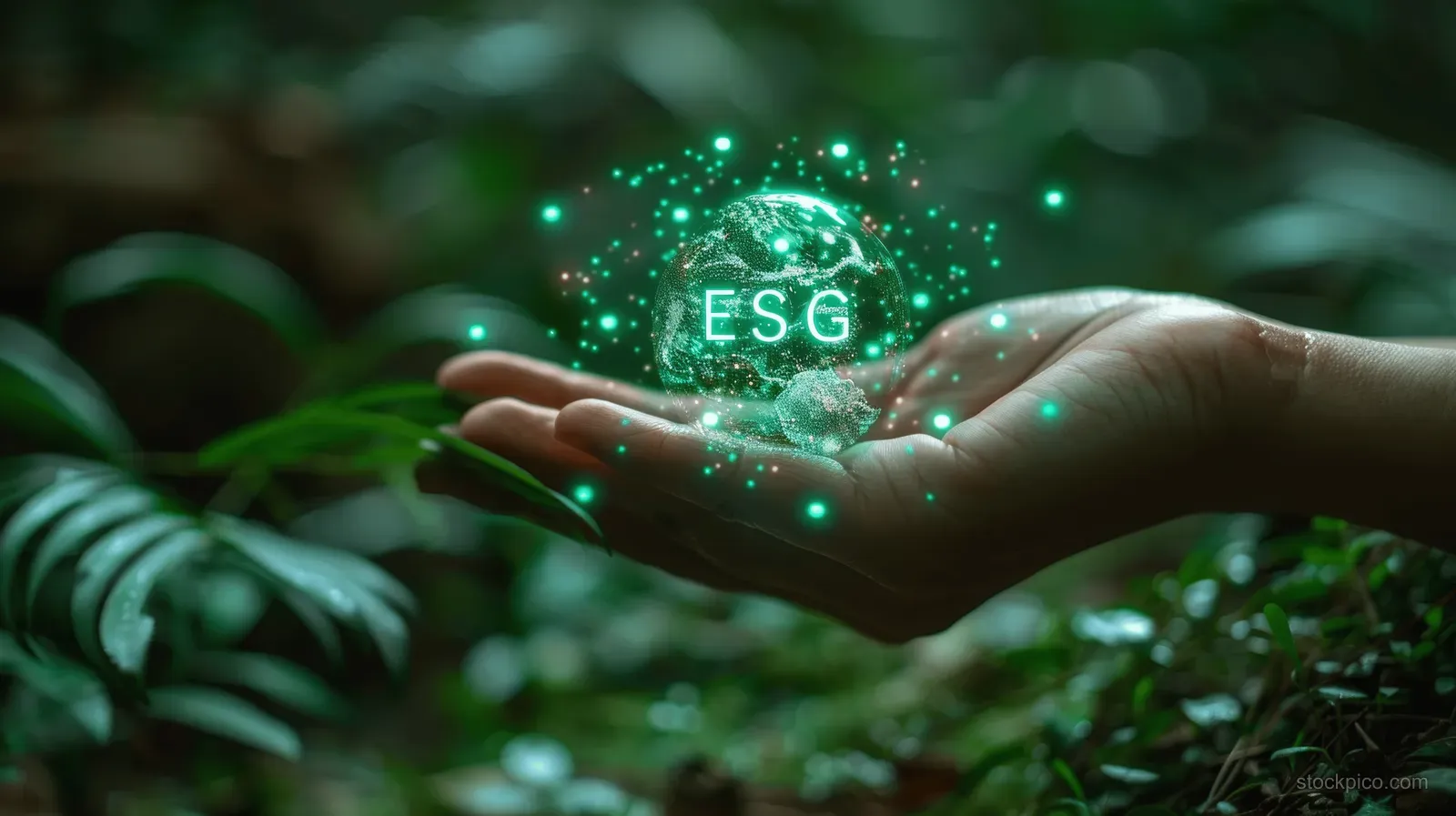 Glowing ESG icons hover above a cupped hand with green holographic particles over forest leaves.