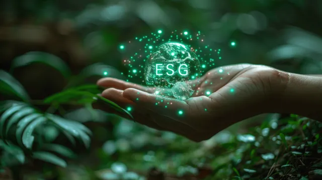 Glowing ESG icons hover above a cupped hand with green holographic particles over forest leaves.