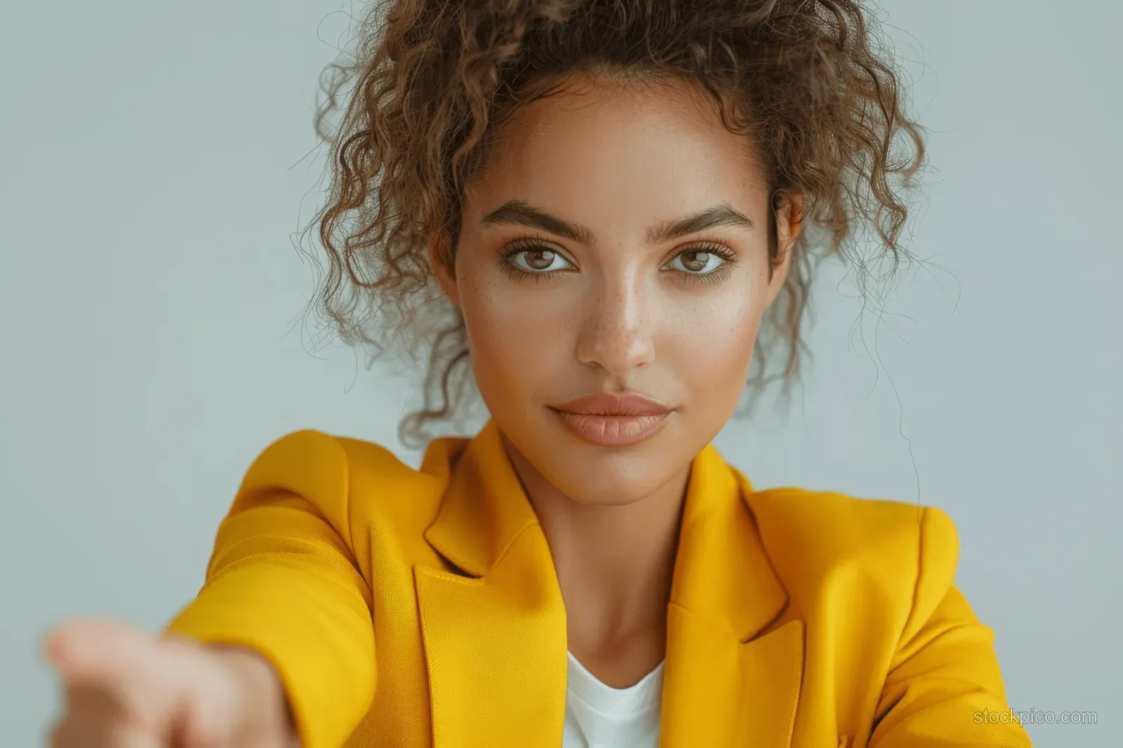 Woman in a yellow blazer types on a keyboard at a white minimal desk under bright light.