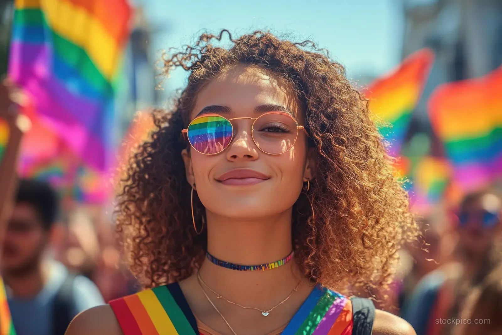 A joyful Pride parade participant with curly hair and rainbow accessories stands while rainbow flags wave behind her.