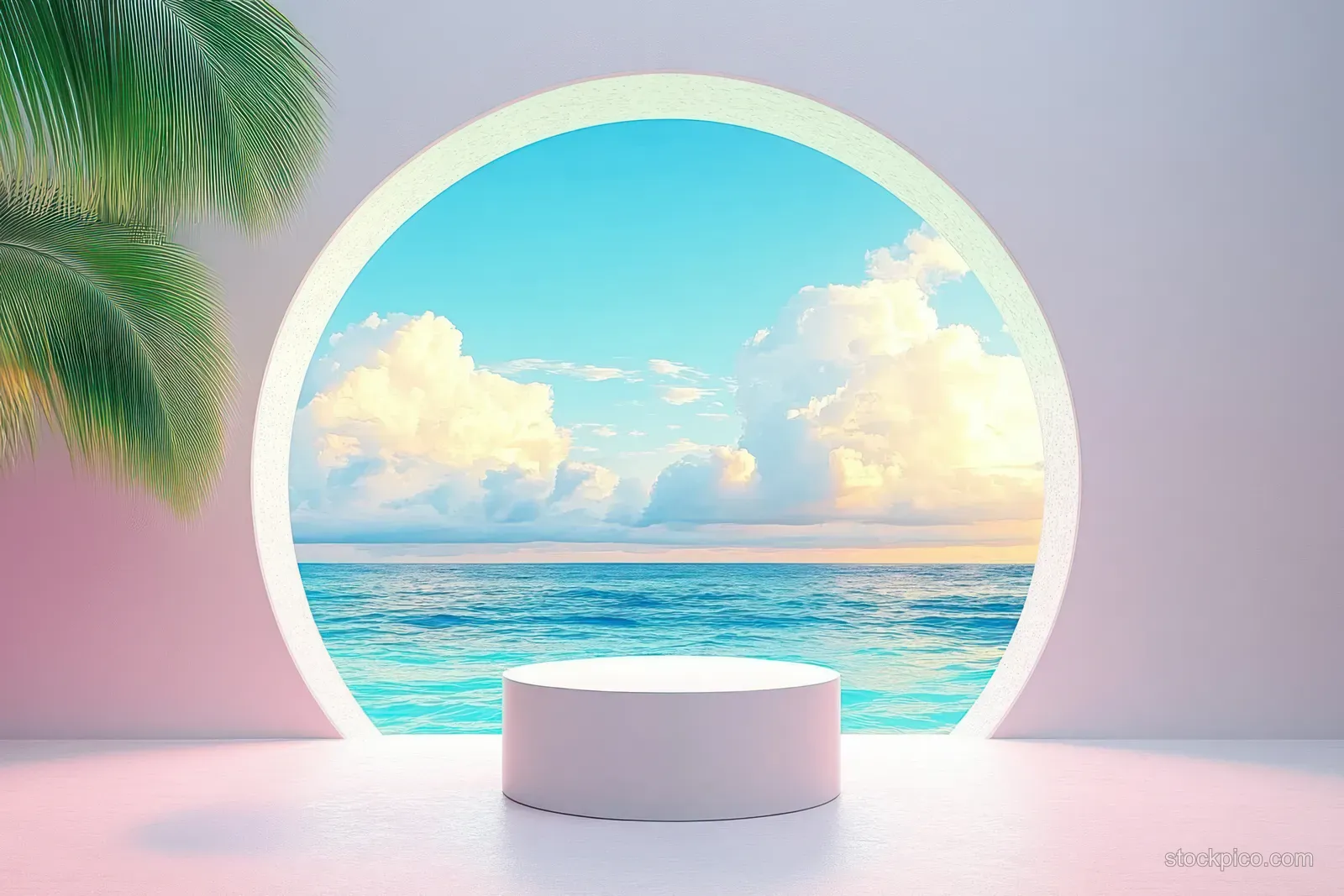 Minimal white pedestal in a bright room facing a circular window view of blue ocean, clouds, and a palm leaf edge.
