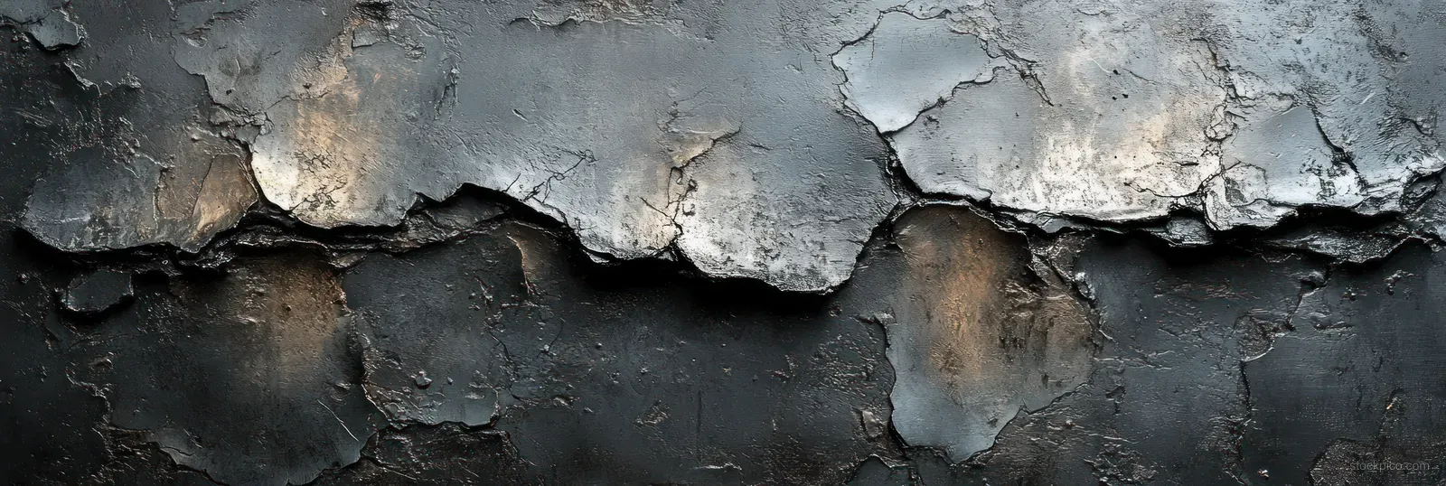 Abstract gray wall with peeling plaster and rough dark textured layers.