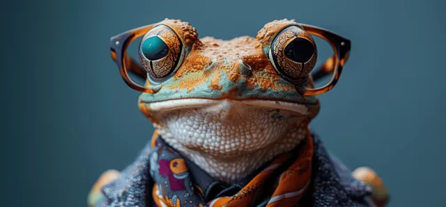 A frog model poses in studio lighting wearing oversized blue-lensed goggles and a purple collar on a blue background.