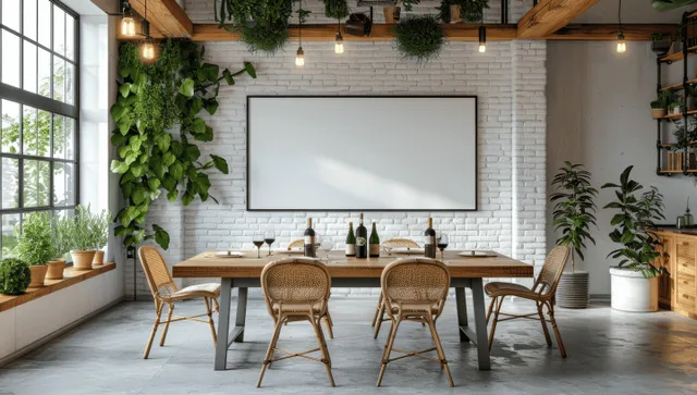 Modern conference room with wooden table, chairs, empty poster screen, wine set by brick wall