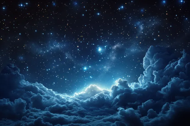 Glowing nebula and dense stars illuminate dark clouds above a Bethlehem-like night landscape.