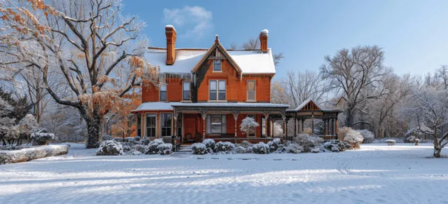 Victorian red brick house stands in winter snow under a bright blue sky