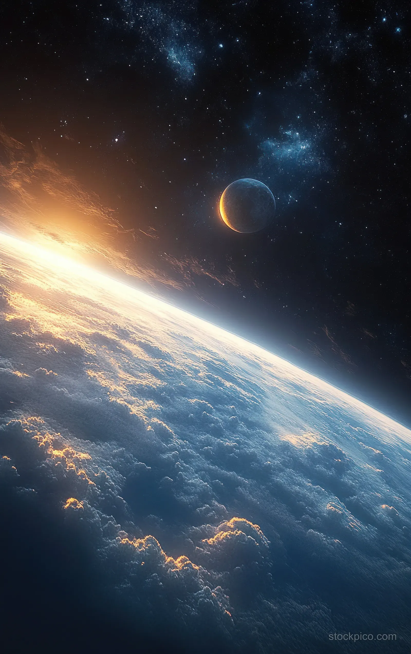 Curved Earth with glowing atmosphere and clouds, with a small moon orbiting above a deep starfield.
