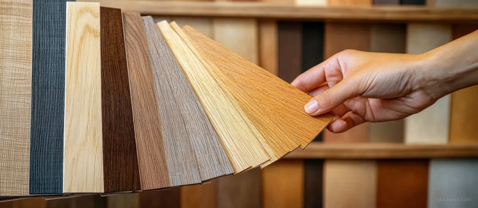 A hand fans out wooden veneer swatches with different colors and visible wood grain against a wooden display.