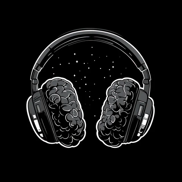 Over-ear headphones with brain-shaped ear cushions float on a starry black background.