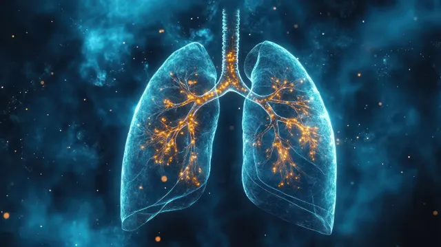 Translucent lungs glow blue with golden vessels floating in a smoky radiology background.