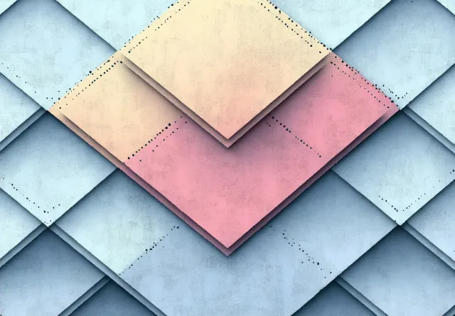 Un marco cuadrado isométrico con patrón de rombos pastel, geometría en capas y sombras suaves alrededor de una abertura central.