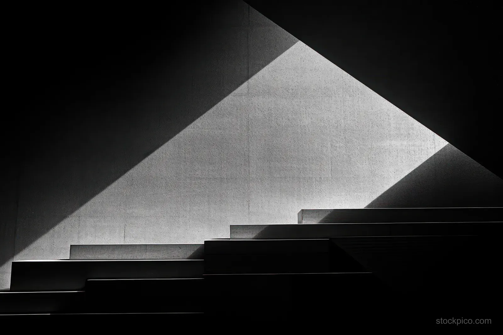 Triangular shadows and light patterns stretch across a stepped concrete interior in black and white.