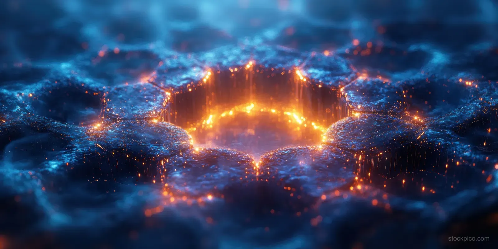 Glowing orange hexagonal network pulses at the center of a dark blue abstract particle background.