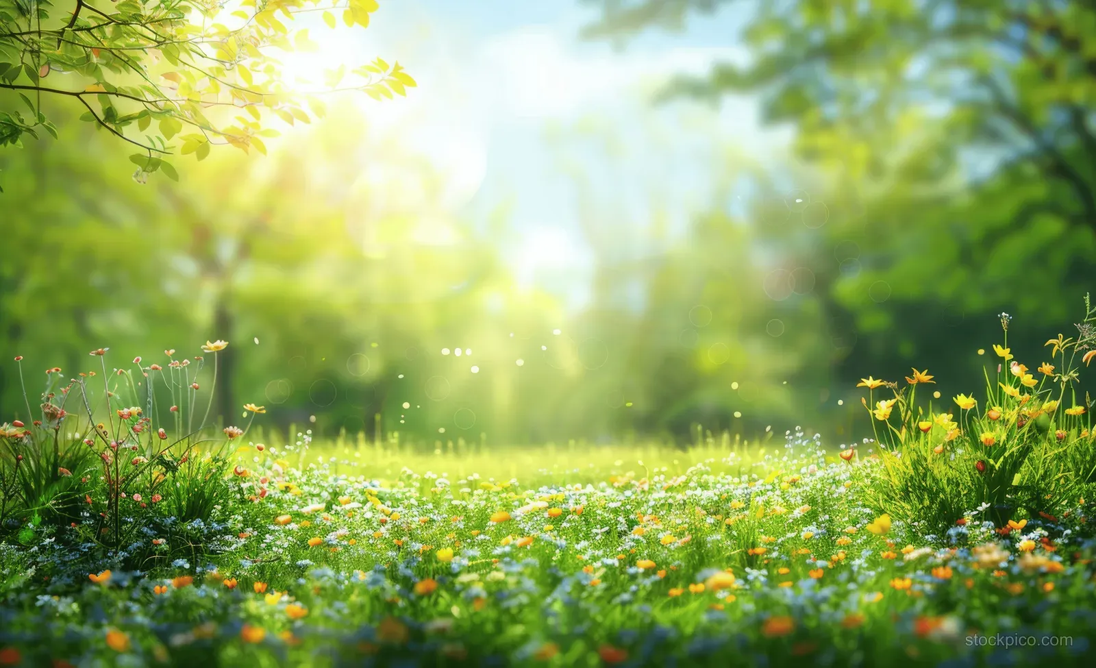 Sunlit spring meadow with wildflowers and green trees, with glowing light rays filling a tranquil outdoor park.