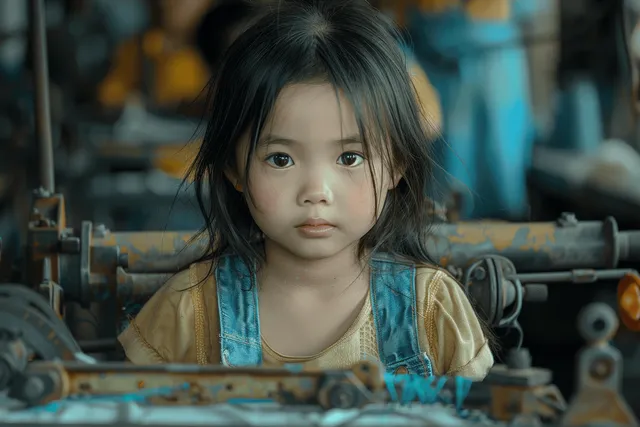 Young girl sewing at a textile machine in a factory workshop with other workers blurred behind.