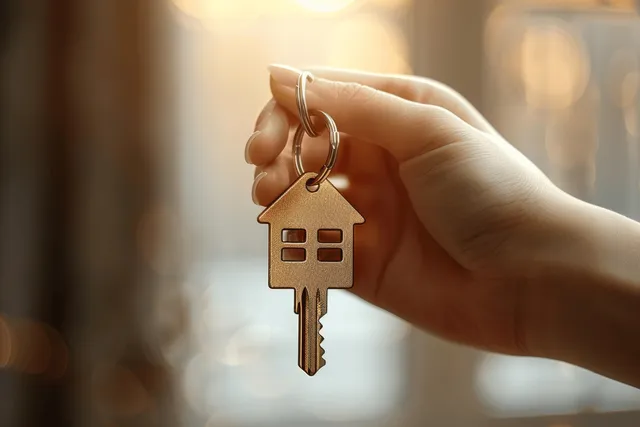 Hand holding house keys on a home-shaped keychain with warm blurred indoor background.