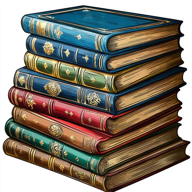 A neat stack of seven vintage hardcover books with ornate gold-embossed designs on colorful covers.