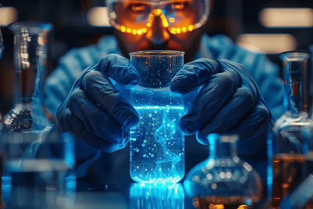 Scientist wearing blue gloves holds a vial of glowing blue liquid in a laboratory with glassware in the background.