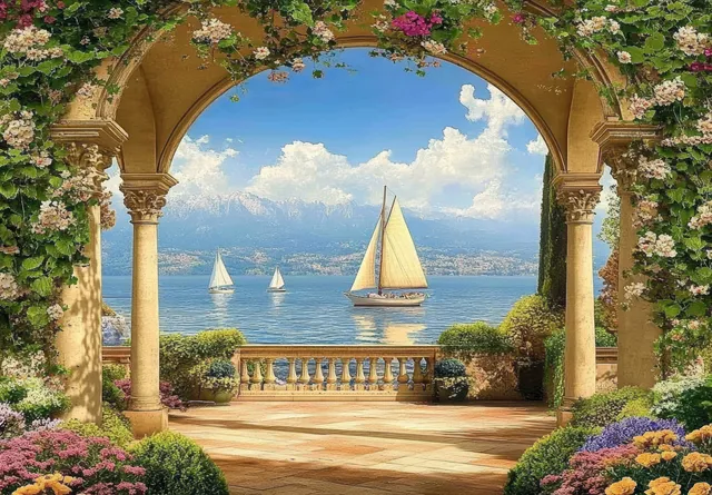 Ornate garden archway frames a lakeside with sailboats, bright sky, and colorful flowers along a stone walkway.