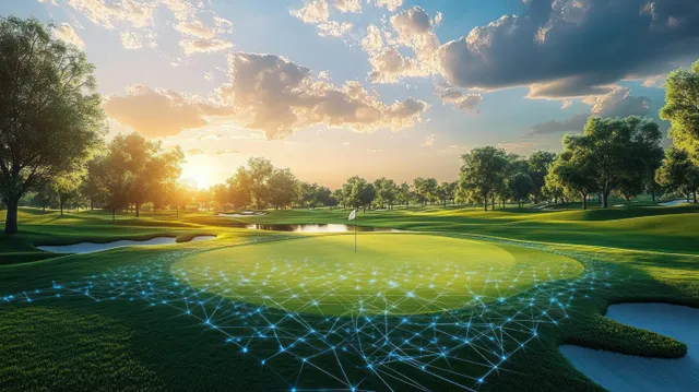 Sunset golf putting green with sand bunkers and a glowing digital network overlay across the grass