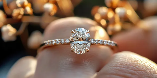 Close-up of oval diamond engagement ring on a finger under warm, glinting light