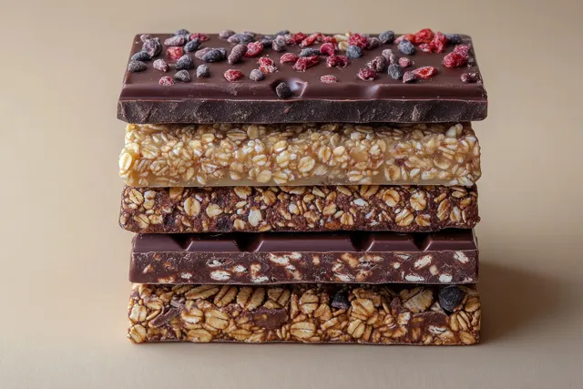 Stack of assorted protein and grain bars on a light brown chocolate background with crumbs and glossy chocolate tops.