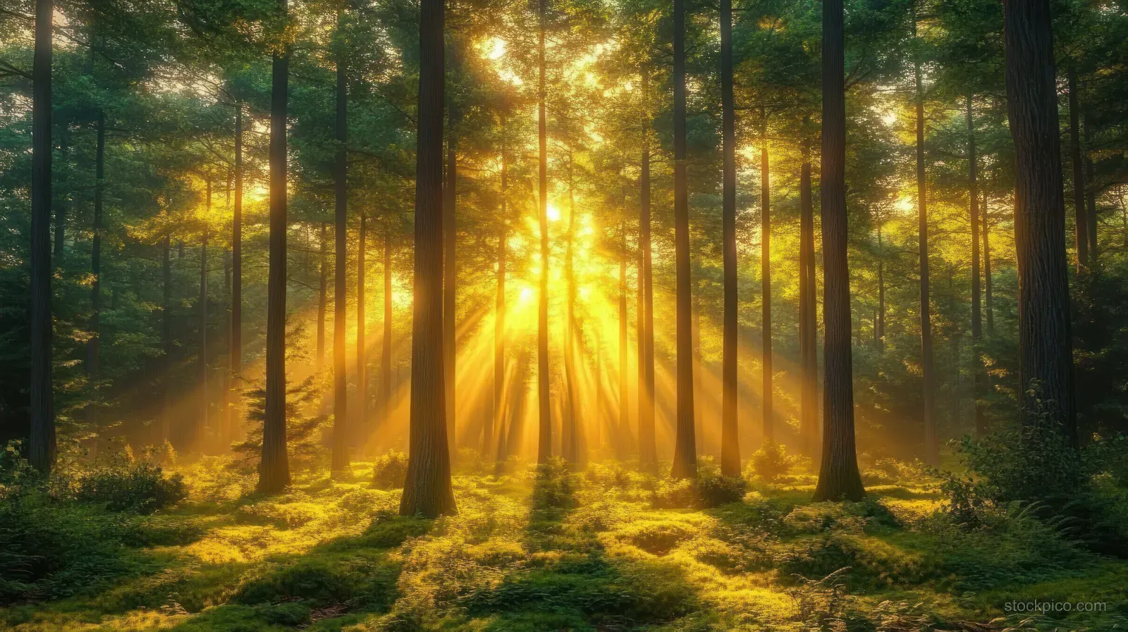 Golden sunbeams stream through tall trees onto a mossy forest floor at early morning.