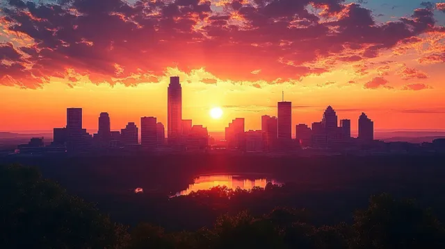 Skyscraper silhouettes over a river reflecting an orange and pink sunset with glowing clouds.