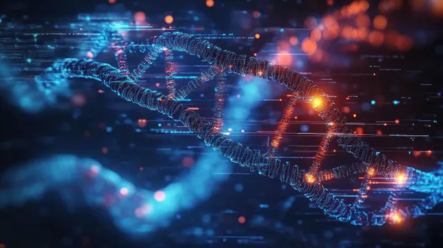A glowing DNA helix runs diagonally through a cyberpunk digital scene with holographic data particles.