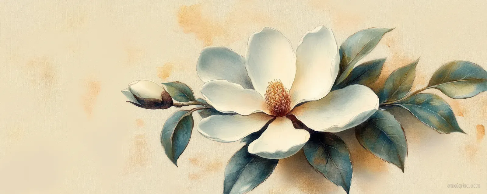 White magnolia flower with blue-green leaves on a soft beige background.