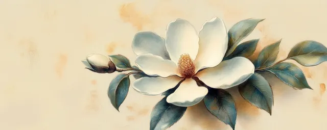 White magnolia flower with blue-green leaves on a soft beige background.