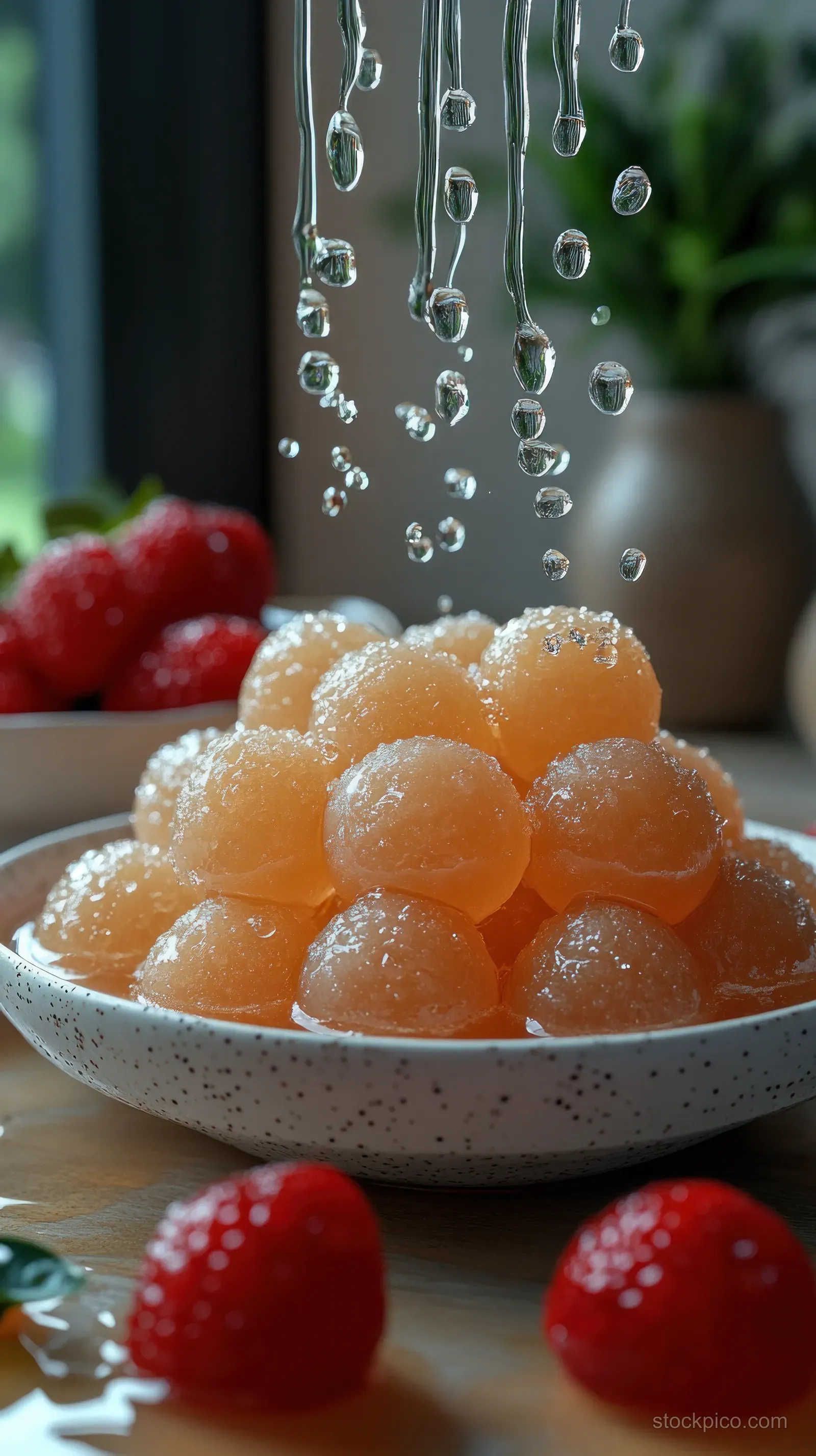 Gulab jamun balls coated in syrup with pistachio garnish on a festive plate beside scattered berries.
