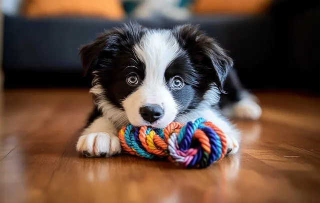 Black and white puppy lying on a wooden floor holding a colorful rope toy and staring with bright eyes.