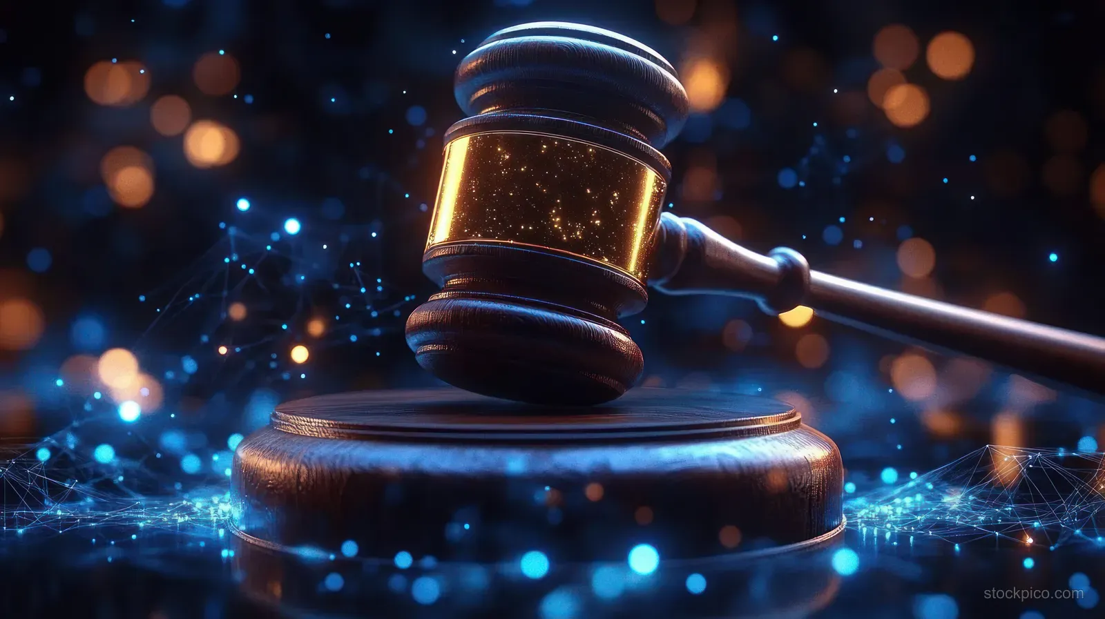 A wooden gavel strikes a sound block with glowing blue and orange digital particles swirling around.