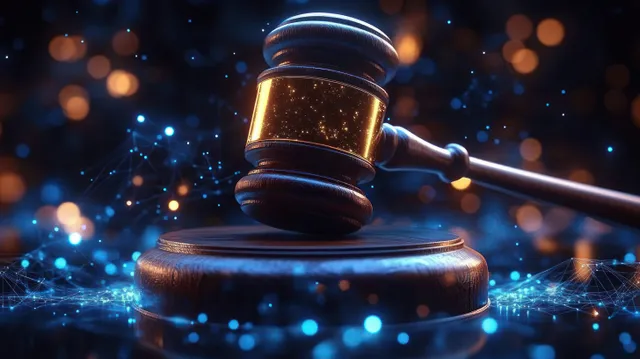 A wooden gavel strikes a sound block with glowing blue and orange digital particles swirling around.