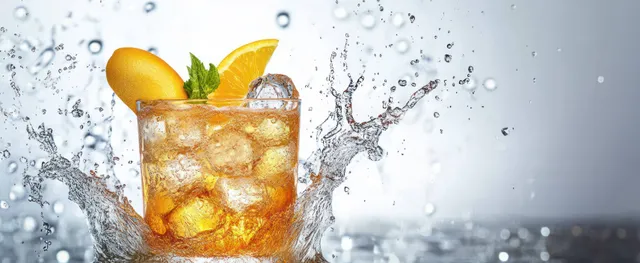 A cocktail glass with ice cubes splashes water while orange and lemon garnishes sit in the drink on a clean backdrop.